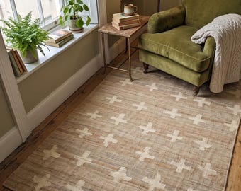 Natural Jute Ivory Abstract Cross Pattern, Boho Neutral Area Rug, Handmade Woven Floor Rug for Living Room and Hallway in Custom Size