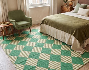 Handwoven Wool Area Rug, Green White Diamond Pattern, Reversible Flatweave Living Room Designer Interiors
