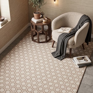 May include: A rectangular area rug featuring a repeating brown and cream hexagonal geometric pattern. The rug is positioned under a cream-colored armchair with a dark gray throw blanket, a wooden side table, a potted plant, and books.