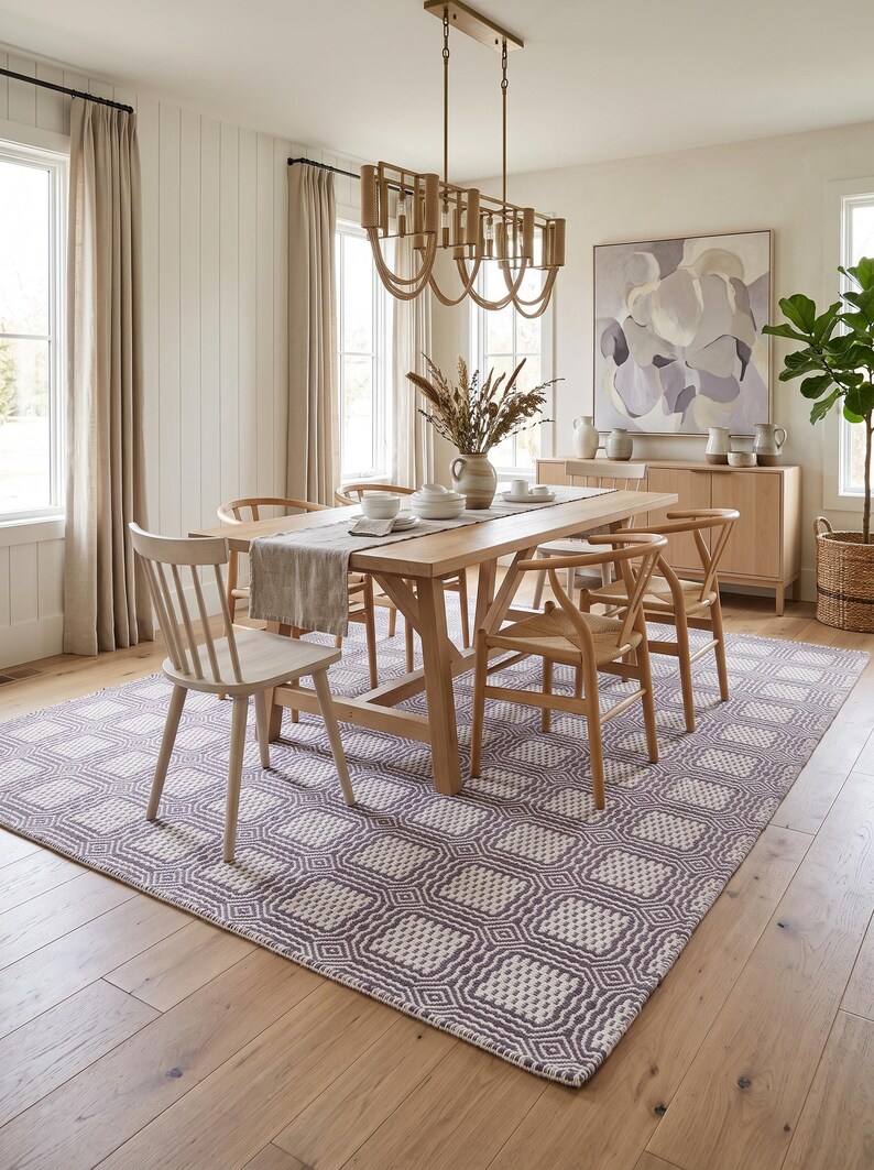 May include: A rectangular area rug featuring a repeating geometric pattern of white squares outlined in dark gray. The rug is positioned on a light-colored wooden floor beneath a wooden dining table, several wooden chairs, and a linear light fixture.