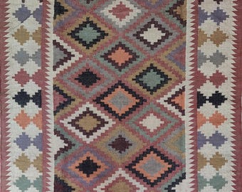 Handwoven Wool Jute Kilim Rug – Multicolour Geometric Flatweave – Reversible Boho Rug