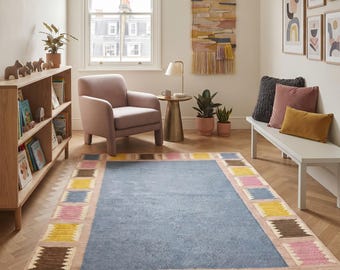 Pastel Border with Blue Centre Flatweave Wool Rug | Handwoven Modern Area Rug for Living Room, Bedroom & Designer Interiors in Custom Option
