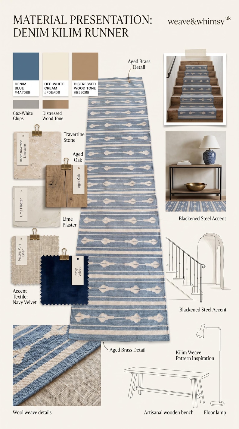 Blue & Ivory Striped Wool Stair Runner, Handmade Scandinavian Hallway ...
