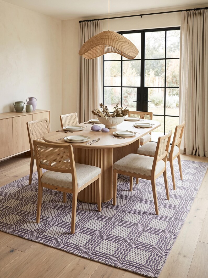 May include: An oval light wood dining table with a fluted pedestal base, surrounded by six chairs featuring light wood frames, woven cane backrests, and beige upholstered seats, set upon a purple and white geometric patterned area rug.