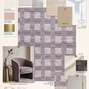 May include: A design mood board titled WEAVE & WHIMSY featuring a mauve and off-white geometric patterned rug, swatches of honed travertine, limed oak, raw silk, and patinated steel, a mauve armchair, and sketches of a modern pendant light.