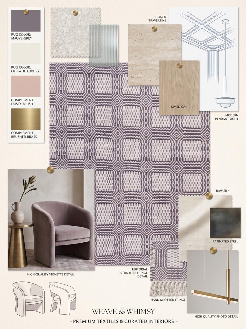 May include: A design mood board titled WEAVE & WHIMSY featuring a mauve and off-white geometric patterned rug, swatches of honed travertine, limed oak, raw silk, and patinated steel, a mauve armchair, and sketches of a modern pendant light.