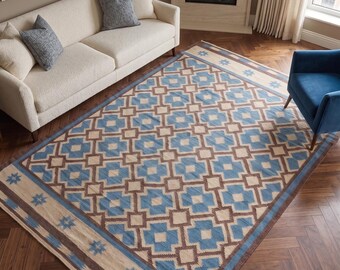 Blue & Brown Geometric Wool Rug | Handmade Southwestern Flatweave Area Rug for Living Room, Bedroom and Curated Interiors in Custom Options