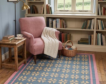 Blue, Pink & Yellow Geometric Wool Rug | Scandinavian Handmade Flatweave Area Rug for Living room and Designer Interiors in Custom Options