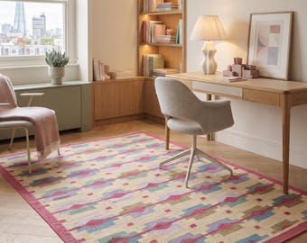 Pastel Kilim Style Wool Rug | Handmade Boho Geometric Flatweave Area Rug for Living Room, Kids room & Designer Interiors in Custom Options