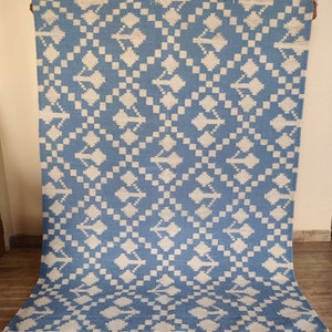 Cotton Wool Blue And White Handmade Rug, Handwoven Modern Flatweave Area Rug For Indoor and Outdoor, made to order in custom sizes