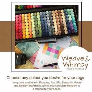 May include: A black carrying case filled with rows of small, round, multi-colored yarn pom-poms arranged in a spectrum. Below the case lies a color chart, a black pen, and a camera lens. The text reads Weave & Whimsy RUGS & TEXTILES.
