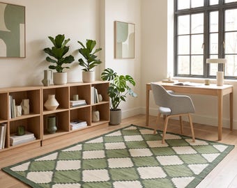 Modern Flatweave Wool Rug | Handmade Green & Ivory Diamond Pattern Area Rug for Living Room, Bedroom and Designer Interiors in Custom Option
