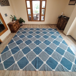 Handwoven cotton flatweave Area Rug, 9x12 Ft Eastern blue Rug For Living Room, Dining Room, Available in bespoke sizes