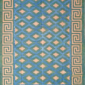 Handwoven Cotton Flatweave area rug in natural dyes, Green, Pink and blue area rug and hallway runner, bespoke sizes, custom dhurrie rug