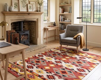 Southwestern Wool Rug | Handmade Terracotta & Mustard Tribal Flatweave Area Rug for Living Room and Designer Interiors in Custom Options