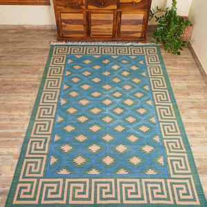 Handwoven Cotton Flatweave area rug in natural dyes, Blue and pink area rug and hallway runner, bespoke sizes and colours