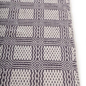 May include: A rectangular area rug featuring a repeating geometric pattern of dark gray and off-white squares. The design consists of interconnected diamond shapes and rounded squares with a textured, woven appearance across the entire surface.