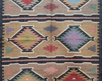 Handwoven Wool Jute Kilim Rug – Multicolour Tribal Flatweave Carpet –  Area Rug in Earthy Tones