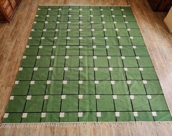 Handwoven Wool Jute Kilim Rug, Green Geometric Dhurrie Rug