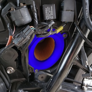 Op de afbeelding: Close-up van een blauwe luchtfilterbehuizing met een bruin luchtfilter erin. De behuizing is bevestigd aan een zwarte motorfietsmotor. De tekst op de zwarte doos luidt "FE218BH 066500-4030 12.8V 85/m T/S 10Wx2 LOW H/W 10W MAXABULIS".