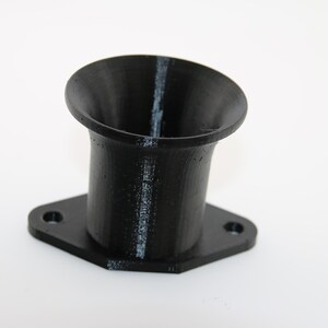 Op de afbeelding: Een zwarte plastic trechter met een brede opening en een smalle tuit. De trechter heeft een platte basis met twee kleine gaten.