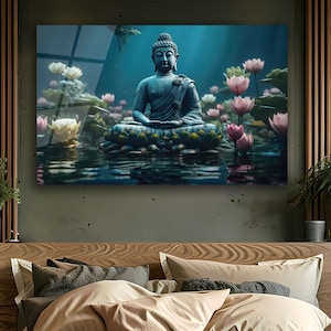 Serene Buddha with Lotus Flowers – Zen Inspired Tempered Glass Wall Art | Tranquil Meditation & Spiritual Home Decor