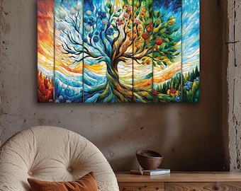 Arte mural de árbol de la vida de vidrio templado: decoración natural para las cuatro estaciones