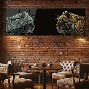 Panoramic Leopard Glass Wall Art | Facing Big Cats on Black | Tempered UV Printed Wall Decor for Home & Office