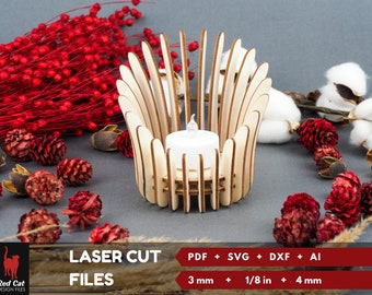 Tea Light Holder: Laser Cut Lightburn Files. Wooden Fireplace Mantel Decor. SVG, PDF, DXF, Ai.