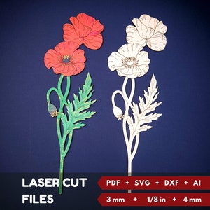 Fleurs de pavot SVG, DXF, AI, fichiers découpés au laser, bouquet de fleurs sauvages, décoration botanique Cottagecore, cadeau pour la fête des mères.