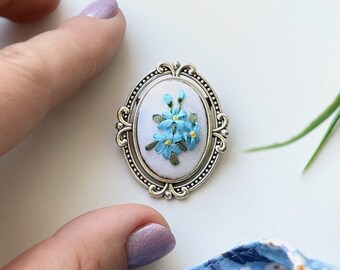 Blue flowers embroidery brooch | Forget-me-nots embroidery | Spring brooch for mom | Mother’s Day present | Embroidered jewellery | Brooches