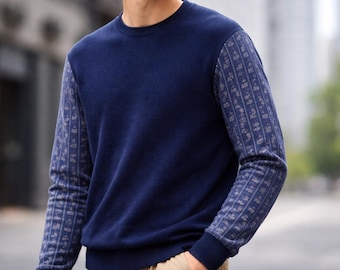 Navy Pattern Sleeve Sweater