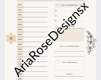 May include: A daily planner with a beige background and black lines. The planner has sections for date, top 3 priorities, daily affirmations, for tomorrow, and notes. The planner also has illustrations of a woman working on a laptop, a flower, and a laptop with headphones.