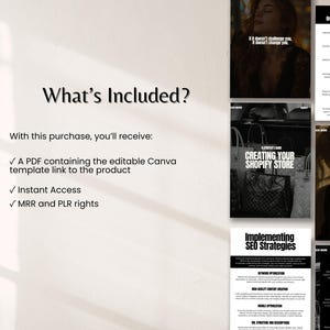 Puede incluir: Una imagen con texto que dice "&iquest;Qu&eacute; est&aacute; incluido?" y "Con esta compra, recibir&aacute;s: Un PDF que contiene el enlace de la plantilla de Canva editable al producto, Acceso instant&aacute;neo, derechos MRR y PLR". Tambi&eacute;n hay im&aacute;genes con texto que dice "CREATING YOUR SHOPIFY STORE" e "Implementing SEO Strategies".