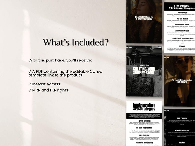 Puede incluir: Una imagen con texto que dice "&iquest;Qu&eacute; est&aacute; incluido?" y "Con esta compra, recibir&aacute;s: Un PDF que contiene el enlace de la plantilla de Canva editable al producto, Acceso instant&aacute;neo, derechos MRR y PLR". Tambi&eacute;n hay im&aacute;genes con texto que dice "CREATING YOUR SHOPIFY STORE" e "Implementing SEO Strategies".