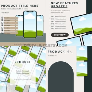 May include: A digital product mockup template featuring a phone with a green hill and blue sky background. The template is editable in Canva and includes a title, description, and a call to action. The template is available for instant download.