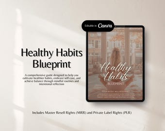 May include: A digital product titled "Healthy Habits Blueprint" with text and an image of a person meditating. The text includes "Editable in Canva" and a description of the guide's purpose. Includes Master Resell Rights (MRR) and Private Label Rights (PLR).