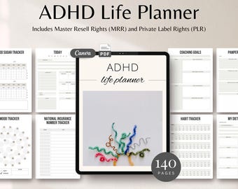 ADHD Life Planner ADHD Planner PDF Daily Weekly Monthly Planner Habit Tracker Goal Setting Productivity Self-Care and Organization mrr plr