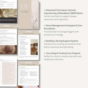 May include: A guide on understanding the nervous system, with pages featuring text and images. The guide covers topics such as stress management, building support systems, and journaling. Includes a photo of a woman.