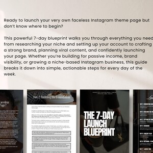 Może przedstawiać: Przewodnik zatytułowany "The 7-Day Launch Blueprint" z tekstem o uruchomieniu strony tematycznej na Instagramie. Obraz zawiera zrzuty ekranu z telefonu, dokumentu i kobiety trzymającej torbę.