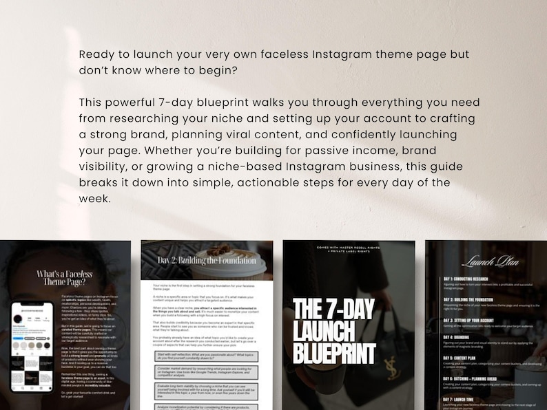 Może przedstawiać: Przewodnik zatytułowany "The 7-Day Launch Blueprint" z tekstem o uruchomieniu strony tematycznej na Instagramie. Obraz zawiera zrzuty ekranu z telefonu, dokumentu i kobiety trzymającej torbę.