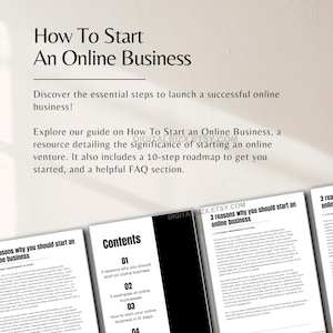 May include: A guide on how to start an online business with a black and white design. The guide includes 3 reasons why you should start an online business, 5 examples of online businesses, and how to start your online business in 10 steps.