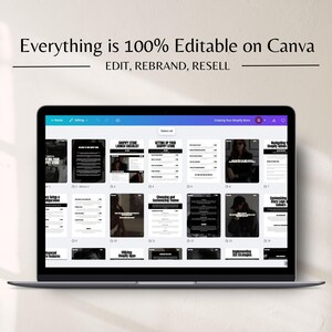Puede incluir: Un port&aacute;til que muestra una plantilla de Canva con el texto "Everything is 100% Editable on Canva". La pantalla muestra varias p&aacute;ginas con texto e im&aacute;genes, incluyendo listas de verificaci&oacute;n y gu&iacute;as. El port&aacute;til est&aacute; sobre una superficie clara.
