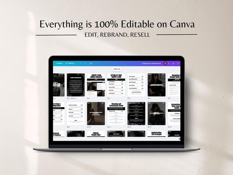Puede incluir: Un port&aacute;til que muestra una plantilla de Canva con el texto "Everything is 100% Editable on Canva". La pantalla muestra varias p&aacute;ginas con texto e im&aacute;genes, incluyendo listas de verificaci&oacute;n y gu&iacute;as. El port&aacute;til est&aacute; sobre una superficie clara.