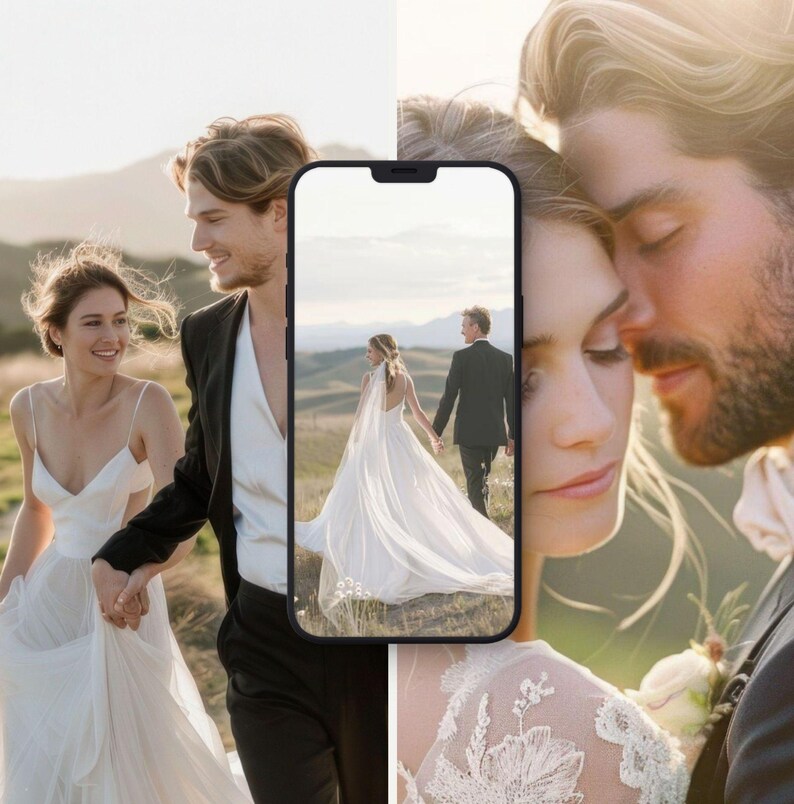 Puede incluir: Imagen compuesta con tem&aacute;tica de boda. Incluye una pareja tomados de la mano, un primer plano de una pareja y un tel&eacute;fono inteligente que muestra a una pareja caminando por un campo. La novia lleva un vestido de novia blanco.