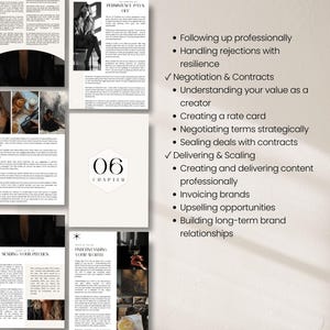 K&ouml;nnte beinhalten: Ein digitales Dokument mit minimalistischem Design, das Text und Bilder enth&auml;lt. Das Dokument enth&auml;lt den Titel "PERSISTENCE PAYS OFF" und Kapitel 06. Aufz&auml;hlungspunkte heben Themen wie Verhandlung, Vertr&auml;ge und Markenbeziehungen hervor. Das Dokument ist in Schwarzwei&szlig;.