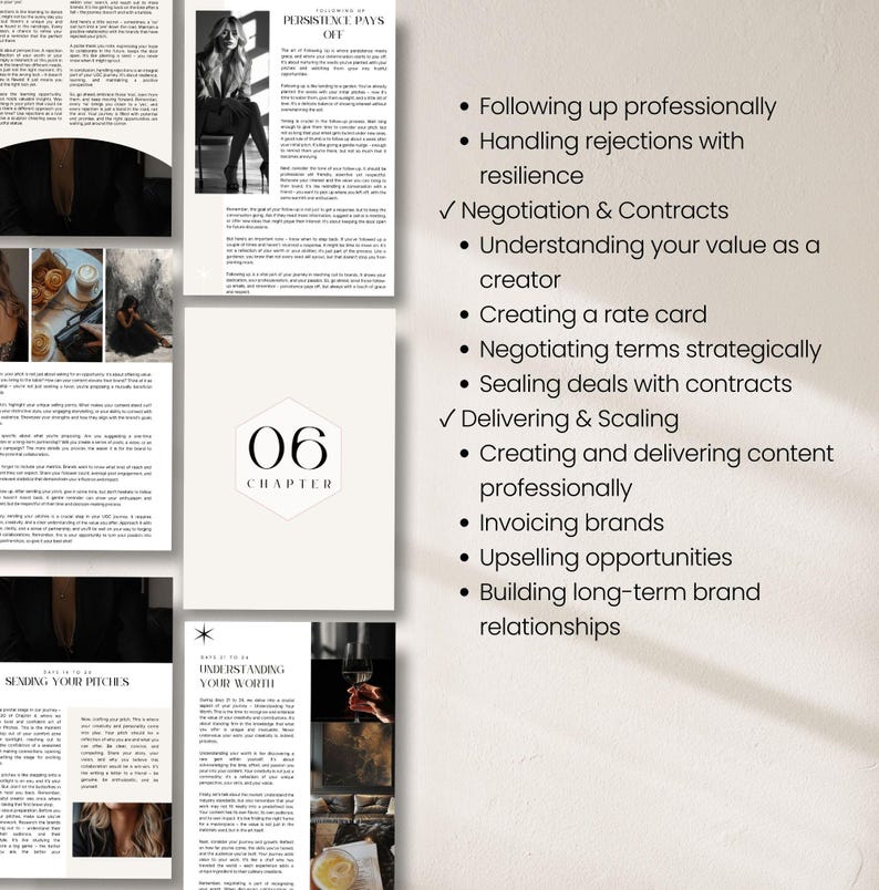 K&ouml;nnte beinhalten: Ein digitales Dokument mit minimalistischem Design, das Text und Bilder enth&auml;lt. Das Dokument enth&auml;lt den Titel "PERSISTENCE PAYS OFF" und Kapitel 06. Aufz&auml;hlungspunkte heben Themen wie Verhandlung, Vertr&auml;ge und Markenbeziehungen hervor. Das Dokument ist in Schwarzwei&szlig;.