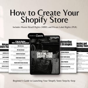May include: Image of a guide titled "How to Create Your Shopify Store" with the text "Includes Master Resell Rights (MRR) and Private Label Rights (PLR)". The guide is a beginner's step-by-step guide to launching a Shopify store.