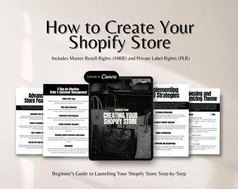 May include: Image of a guide titled "How to Create Your Shopify Store" with the text "Includes Master Resell Rights (MRR) and Private Label Rights (PLR)". The guide is a beginner's step-by-step guide to launching a Shopify store.