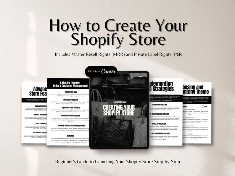 Puede incluir: Imagen de una gu&iacute;a titulada "How to Create Your Shopify Store" con el texto "Includes Master Resell Rights (MRR) and Private Label Rights (PLR)". La gu&iacute;a es una gu&iacute;a paso a paso para principiantes para lanzar una tienda Shopify.